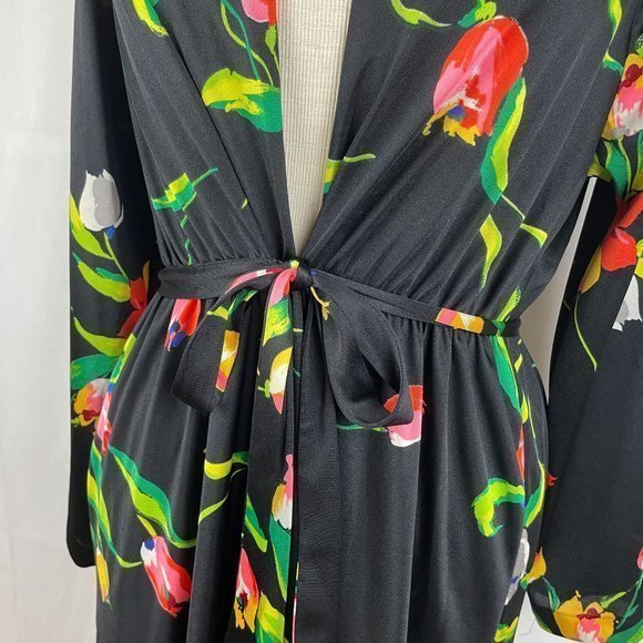 Vintage 60s 70s Komar Black Tulip‎ Floral Print Satin Polyester Robe Large - Picture 4 of 9